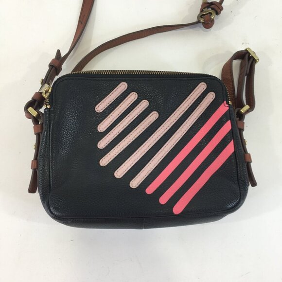Fossil Piper Toaster Ombré Stripe Heart Leather Double Zipper Black Crossbody - Picture 3 of 16